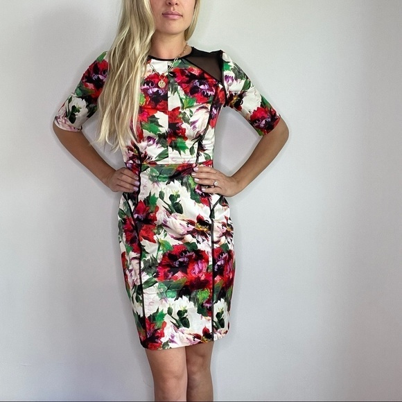 Milly New York Floral Sheath Dress with Mesh Inset & Piping - Picture 4 of 16